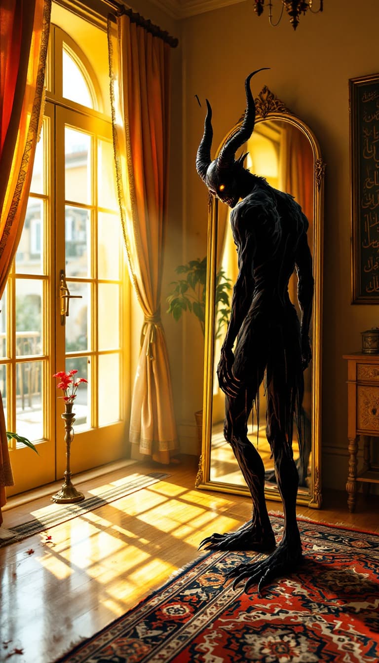 AI generated: "POV first-person. I am a male djinn, standing before a mirror in a bright, modern Iranian home. My ...