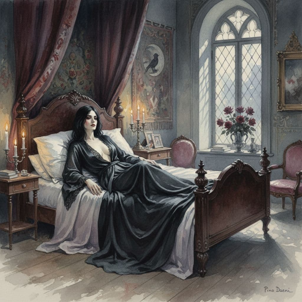 AI generated: Watercolor gothic woman in black silk robe, romantic bedroom setting with Pino Daeni's signature sty...