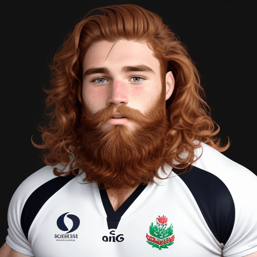 AI generated: rugby player, wavy chestnut hair, beard