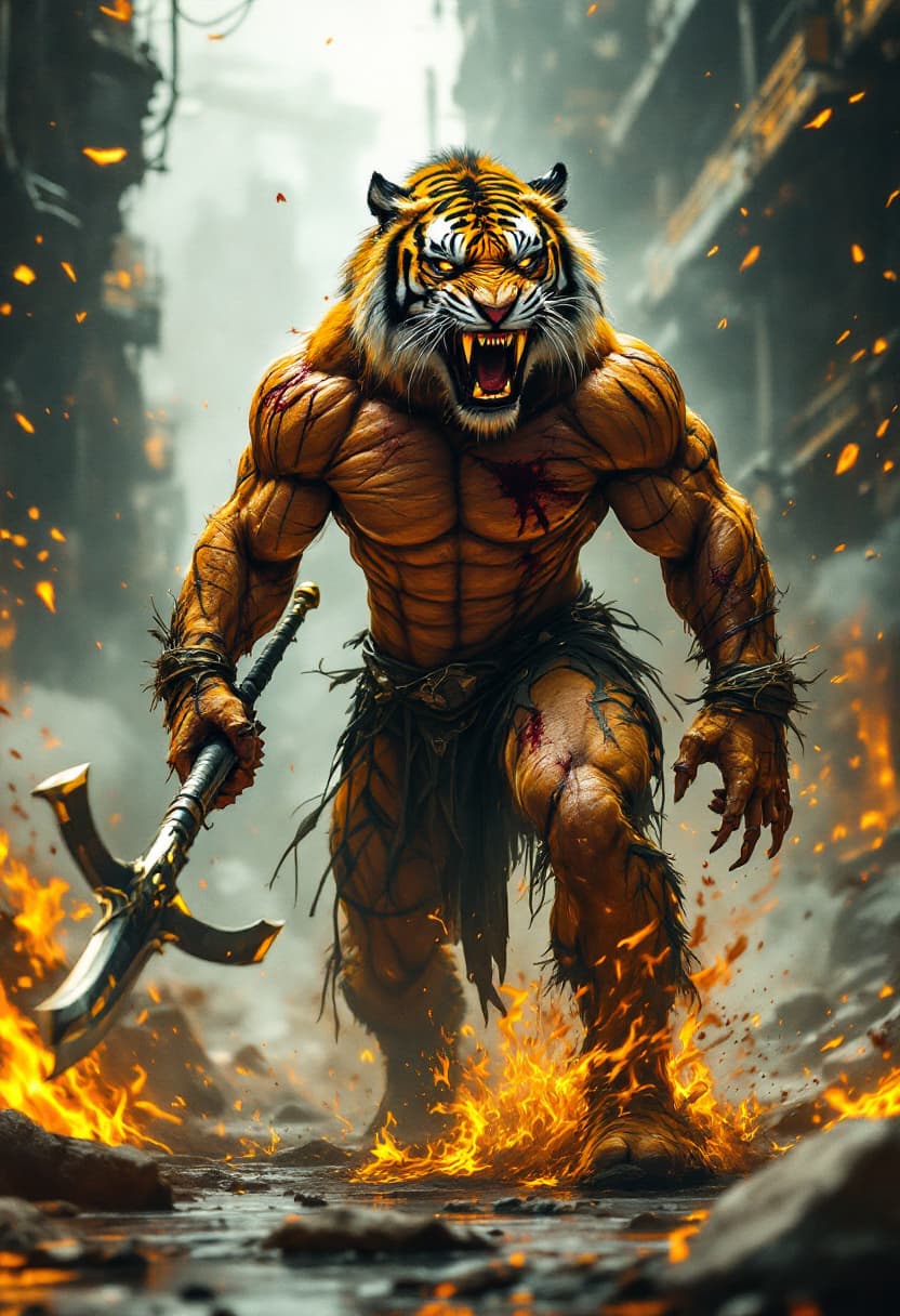 AI generated: Yellow, Orange, Dark Brown Tiger With Human Body, Bodybuilding Athlete Figure, Powerful Muscles, Str...