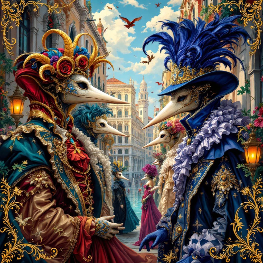AI generated: A majesticfarcical scene unfolding in the heart of Venice, with ornate masks and lavish attire, set ...