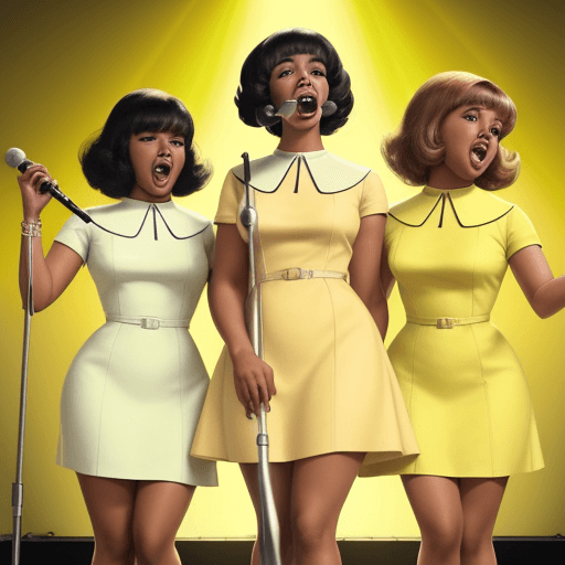 AI generated: Three disabled women in a 1960s girl band. One is an African American and has a wheelchair, the seco...