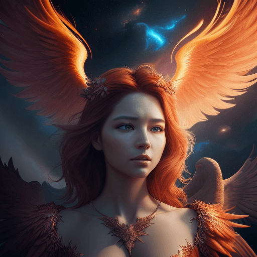 AI generated: Mdjrny-v4 style, a photorealistic  close up portrait of a phoenix, surrounded by angels in hell, bea...