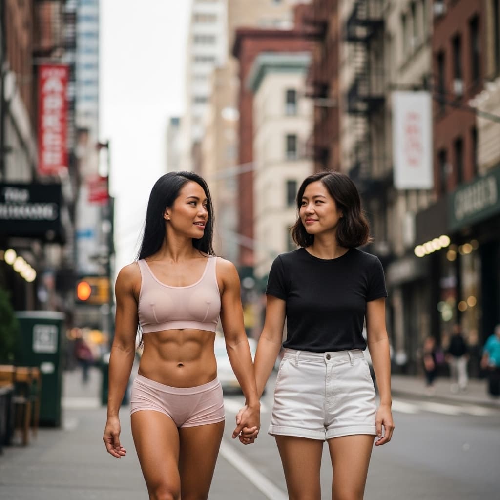 AI generated: beautiful filipina woman with toned body walking through down town new york in a tight sheer underwe...