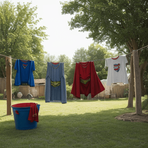 AI generated: clothes of superman hanging on a drying rope in backyard in sun. a clothes bucket can be seen on law...