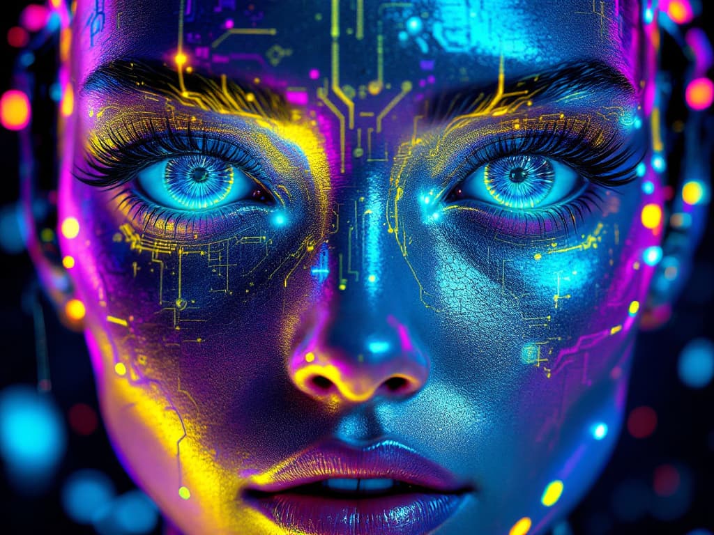 AI generated: Artistic, synthetic face with details, detail on blue eyes, deep gaze,
