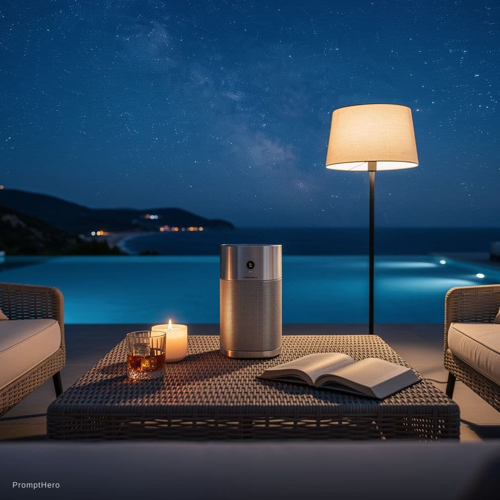 AI generated: A stunning photograph of a luxury terrace under a vast, deep blue night sky with the Milky Way and c...