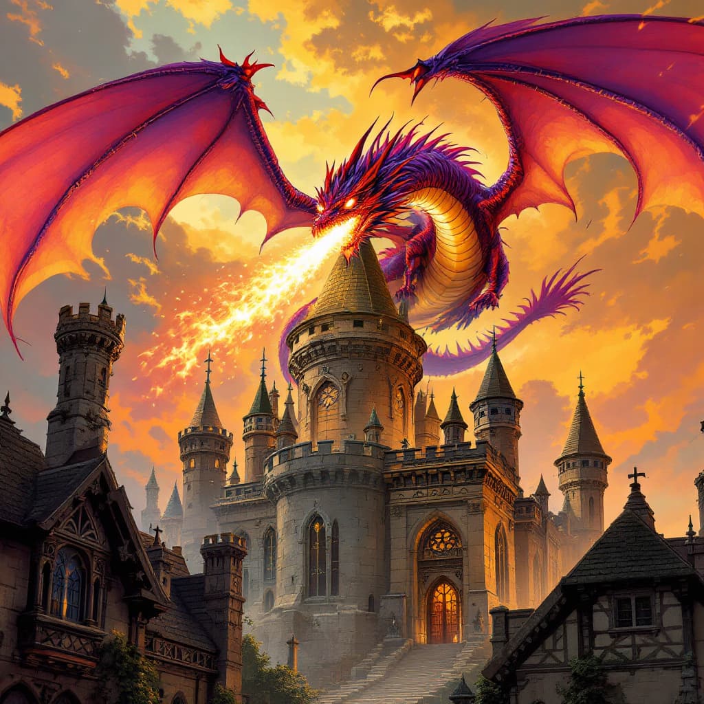 AI generated: a fantasy red and purple dragon is soaring over an ancient castle. The dragon is breathing fire onto...