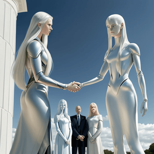 AI generated: Cinematic, ultra-realistic scene of tall, Nordic aliens with pale skin, flowing silver hair, and rad...