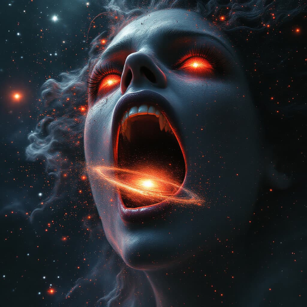 AI generated: enormous giantess sigourney weaver 
bigger than a galaxy floating in space, minuscule galaxy in fron...