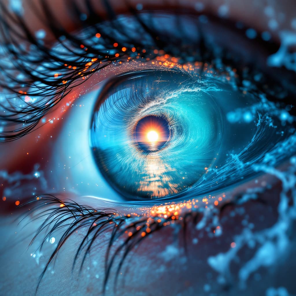 AI generated: Double exposure surrealism close up, inside an eye, as an ocean around the pupil, and the middle of ...