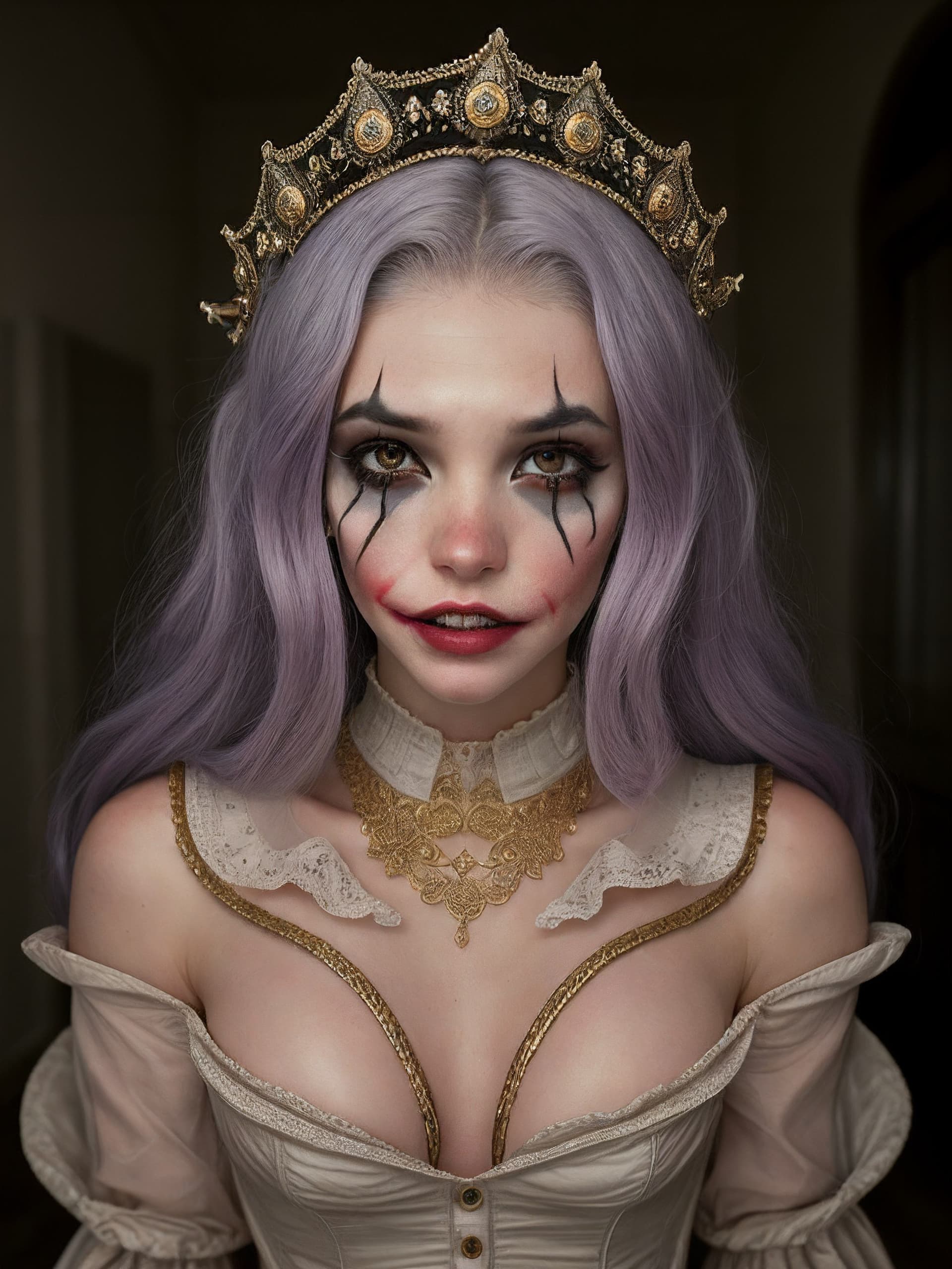 AI generated: (by_Dan_Winters,by_Russell_James), a photo of Fashion photography of a joker, 1800s renaissance, clo...