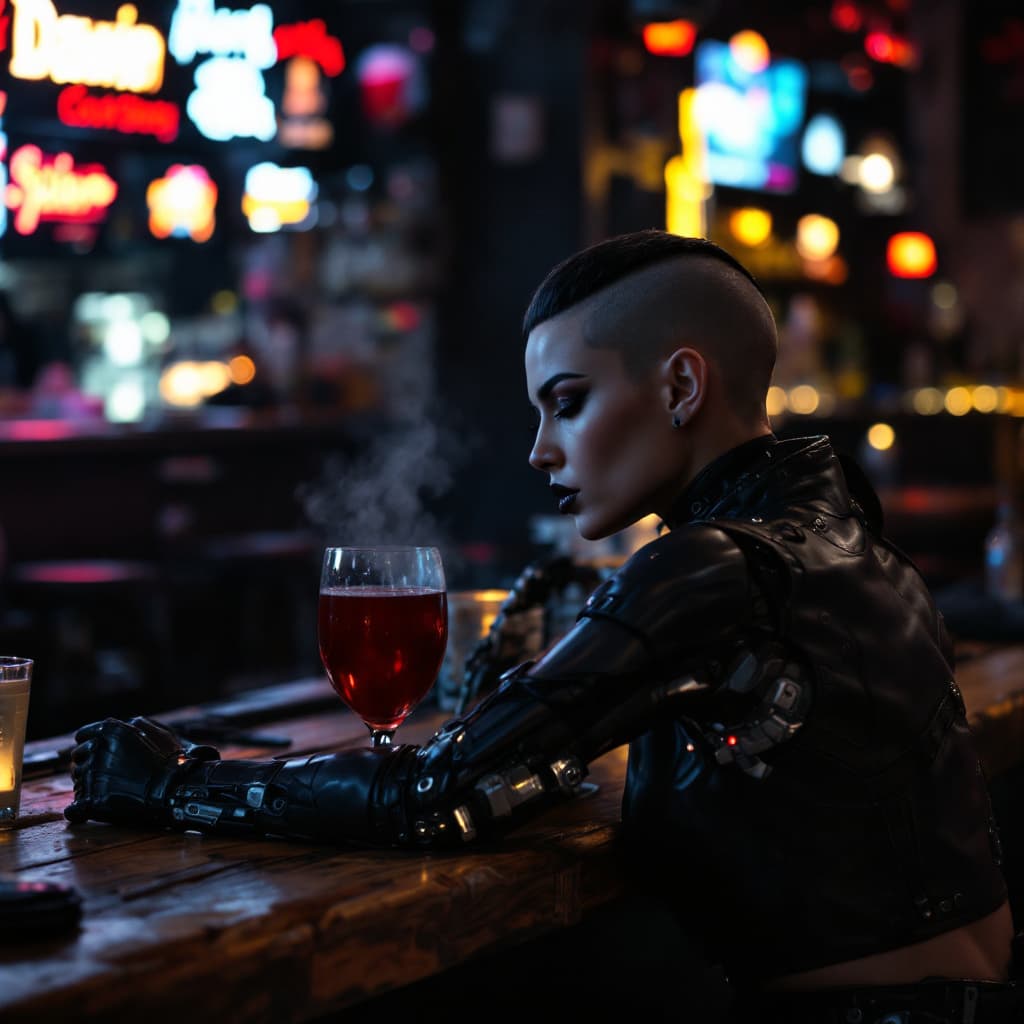 AI generated: woman with half shaved head black hair on other side off head cybernetic arm   wearing black crop
  ...