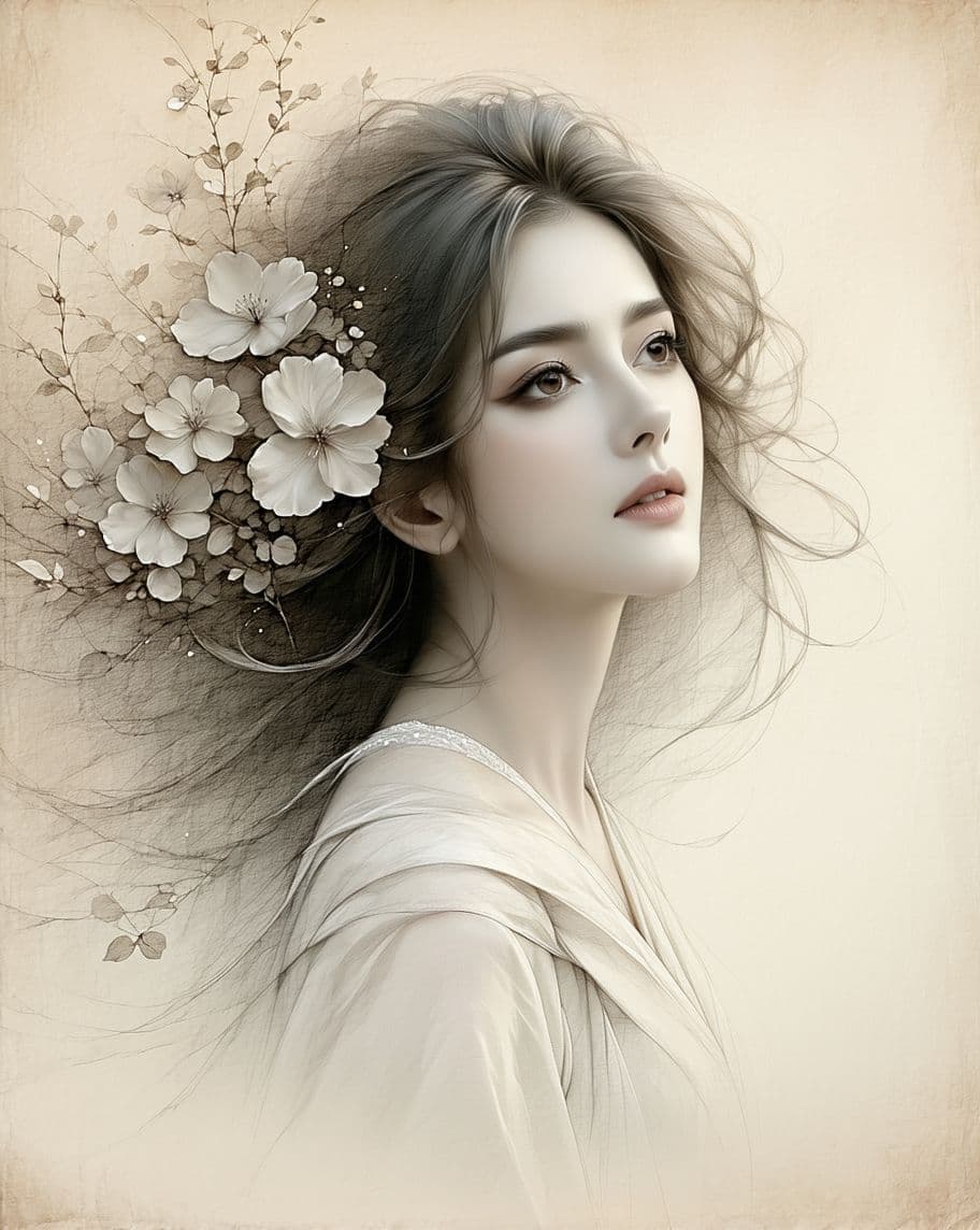 AI generated: 

A delicate and ethereal portrait of a woman’s face drawn in the silverpoint technique. Her long ha...