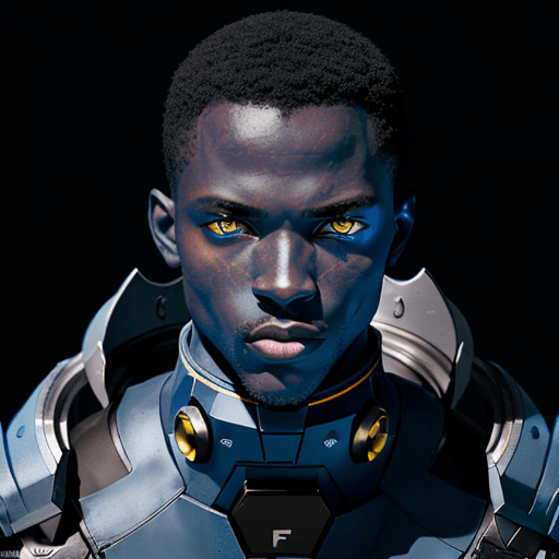 AI generated: photography,  blue hue, black man model, solid blue backdrop, yellow eyes detailing, using a camera ...