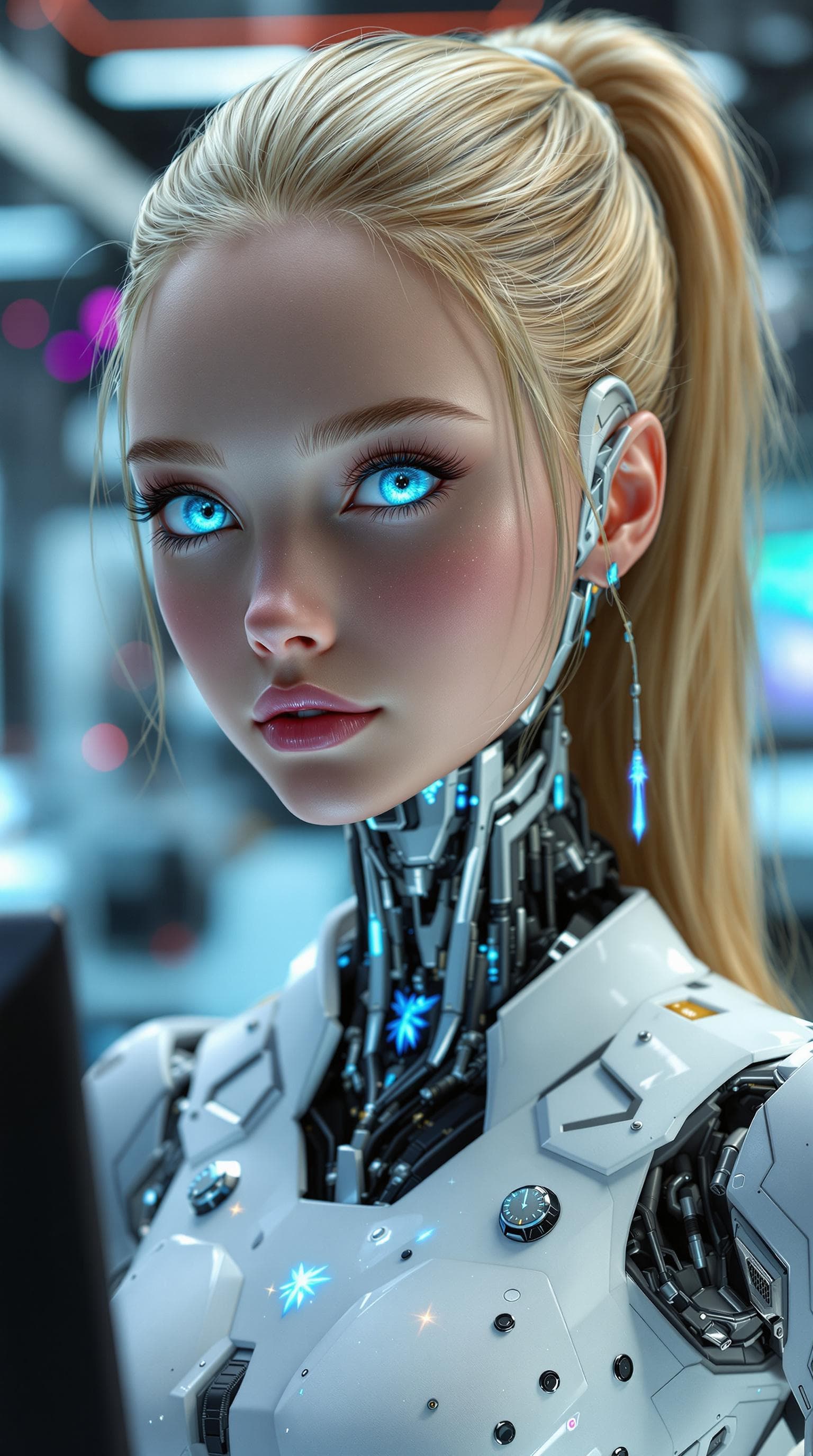 AI generated: exceptionally beautiful blonde hair blue eyed tween , artificial intelligence robot, (futuristic),(m...