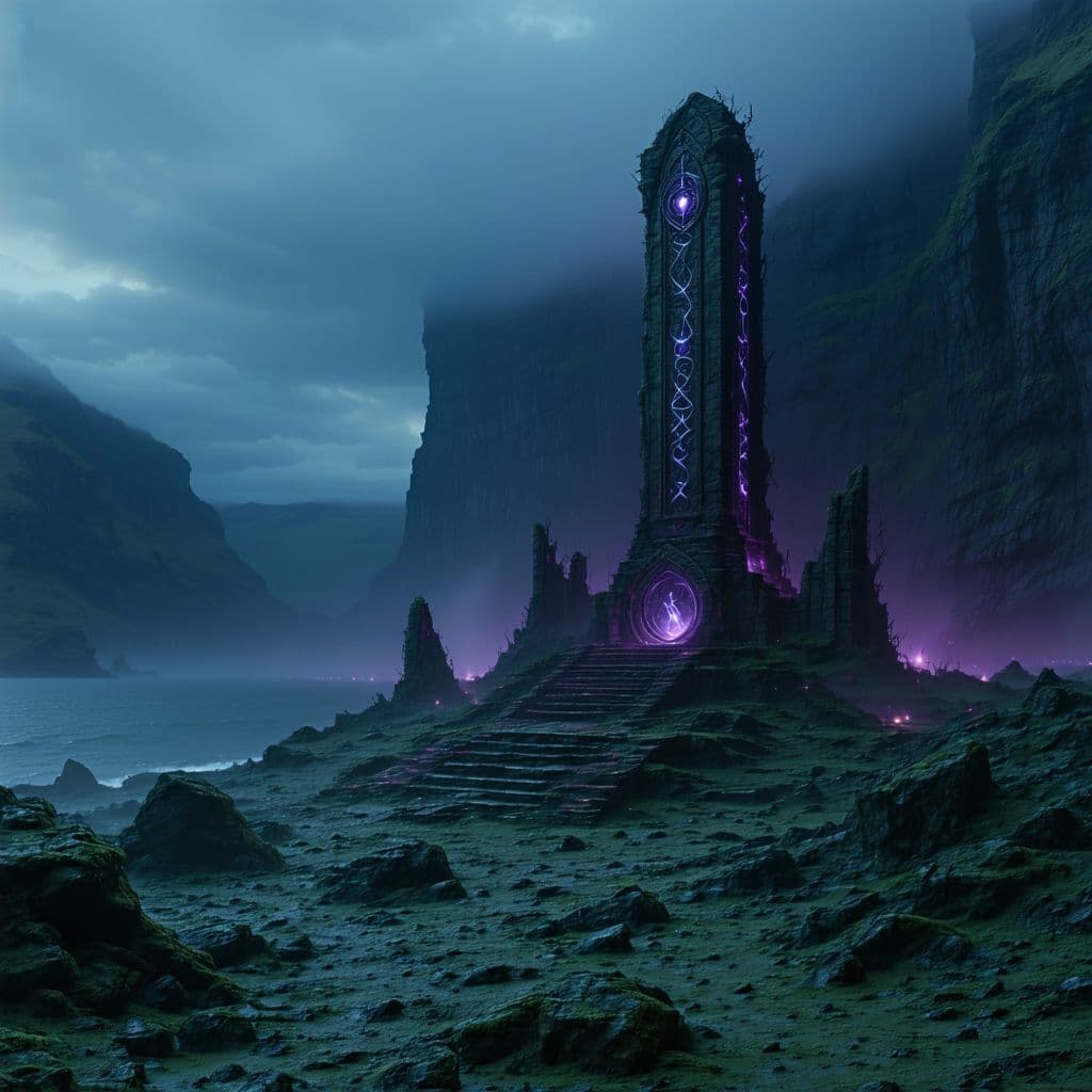 AI generated: Ancient, mysterious landscape in the far west of Westeros, forgotten by time and unmapped. Faint gol...