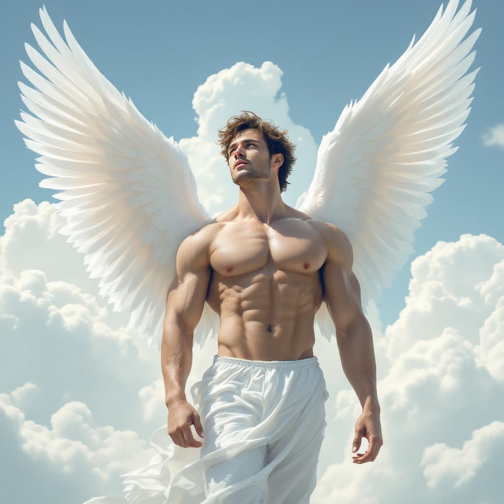 AI generated: Delicate bright white Angel wings in the clouds, no shadows, male masculine angel with strong muscul...