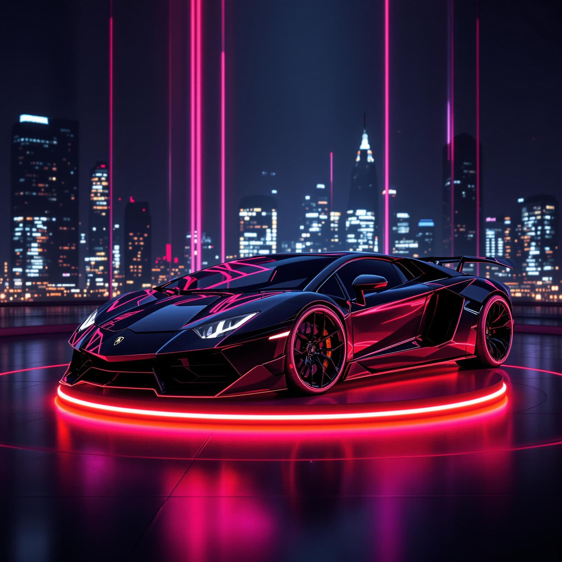 AI generated: BLACK lamborghini sports car with neon highlights with a dark cyberpunk background made up of citysc...