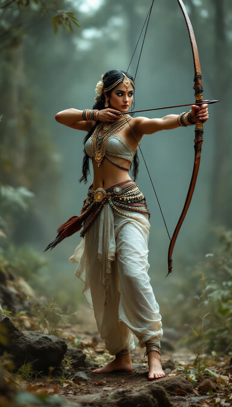 AI generated: Real Photo, full body view of an Indian woman, minimal wearing, many jewel,  barefoot holding bow an...
