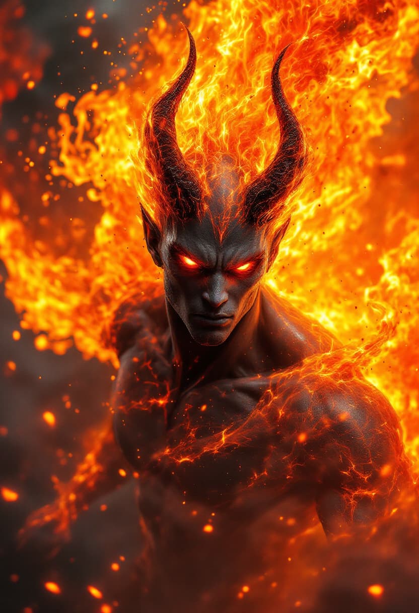 AI generated: God of Fire full-body, Etherial, muscular, Black skin, Glowing red eyes, epic, cinematic, 8k, hyper ...