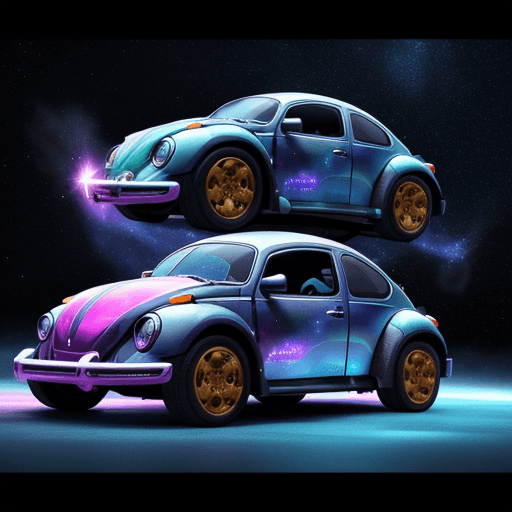 AI generated: a floating beetle sedan. space truck in parked in the cosmic galaxy selling tasty drinks, Hyperreali...