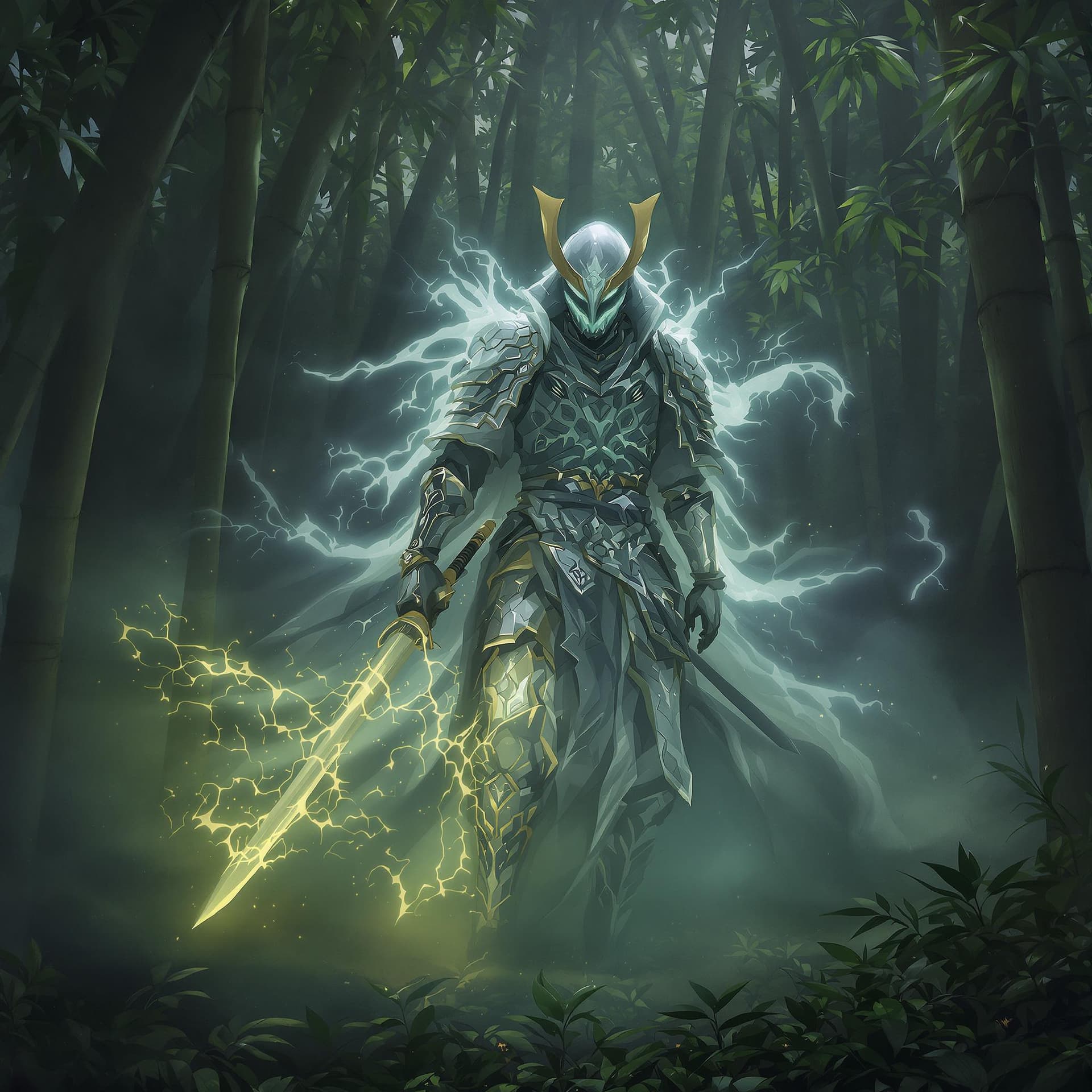 AI generated: A ghost samurai, his spectral form emerging from the misty depths of a very dense bamboo forest. His...