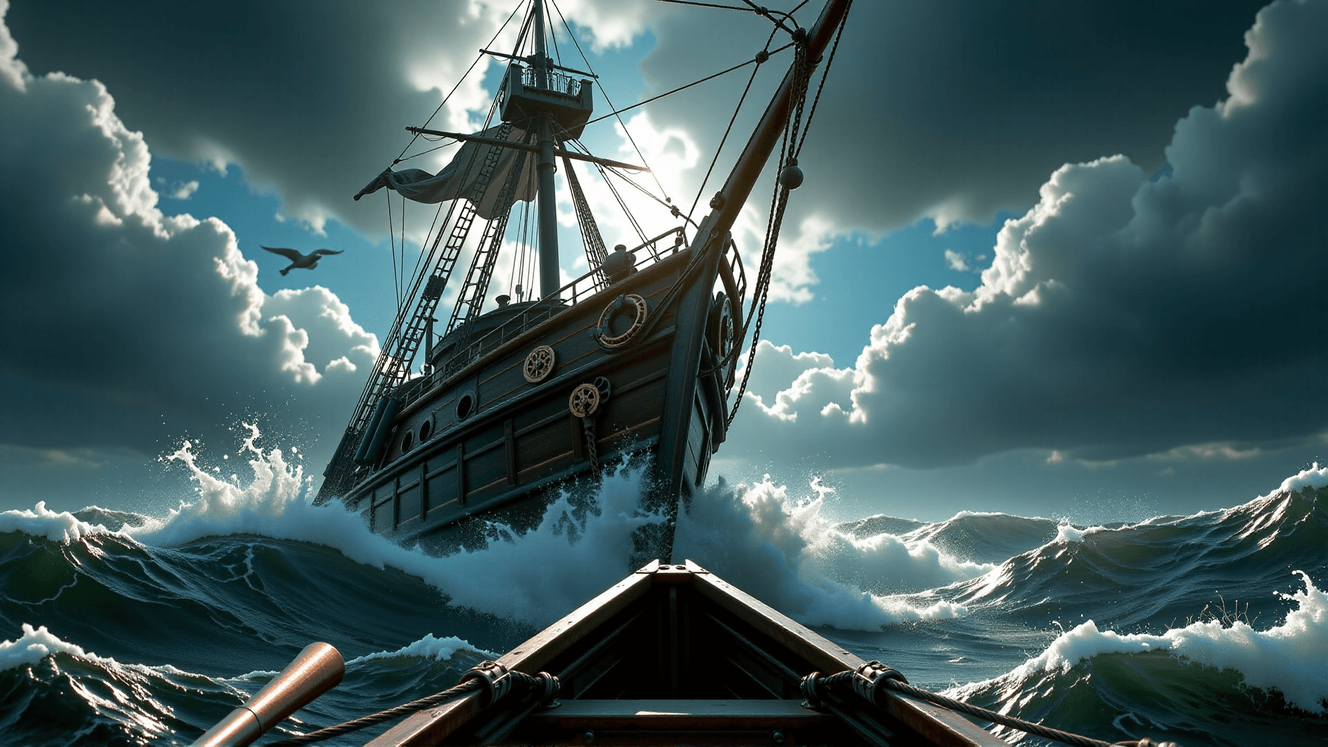 AI generated: A dynamic, low-angle shot from the perspective of a small rowboat, looking up at the majestic, impos...