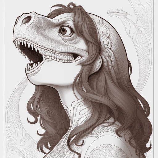 AI generated: clean simple line art of a  dinosaur with a short brown wavy curly hair.. no background. well compos...