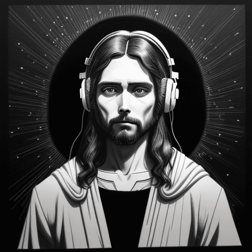 AI generated: [jesus] wearing headphones, drawn with white ink on black paper --ar 8:15 --stylize 50 --v 5.2