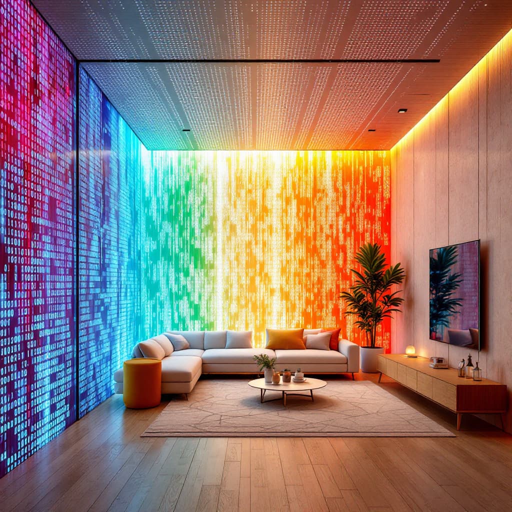 AI generated: Highigh quality, 8K Ultra HD, Imagine a vibrant canvas illuminated by a cascade of colorful binary c...