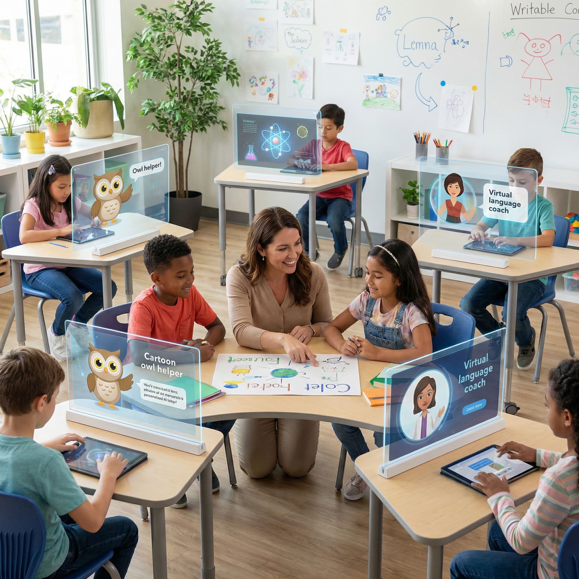 AI generated: A vibrant classroom where a teacher guides small groups while AI interfaces provide individual suppo...