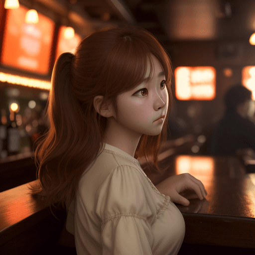 AI generated: girl in the bar looking away, in the style of hallyu, soft, romantic scenes, zeiss batis 18mm f/2.8,...