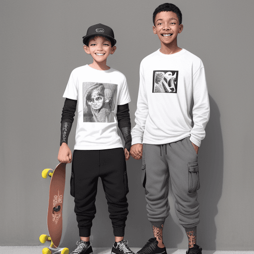 AI generated: photography, candid shot, a boy and dad, beaming with a wide grin, stands on a skateboard, boy weari...
