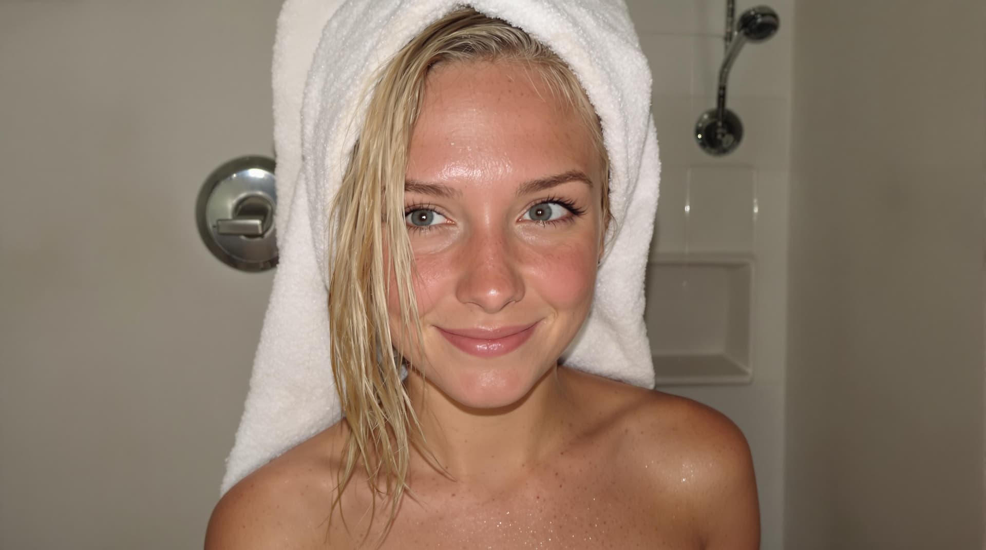 AI generated: Poor quality phone photo, Snapchat, front view, upper body, 22-year-old girl, in the bathroom, just ...