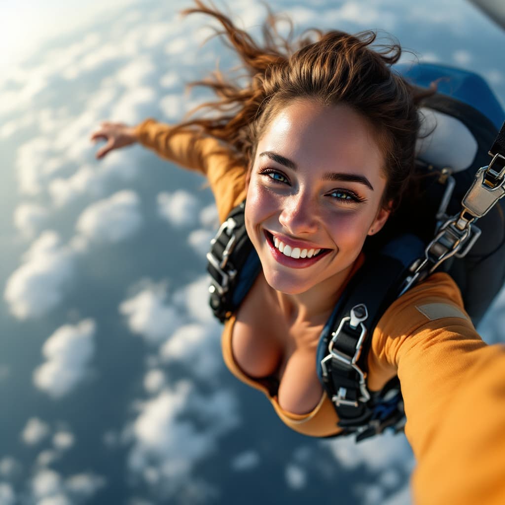 AI generated: 
Go back
female parachutist, jumping from plane, smile, selfie, motion, full body visible, detailed ...