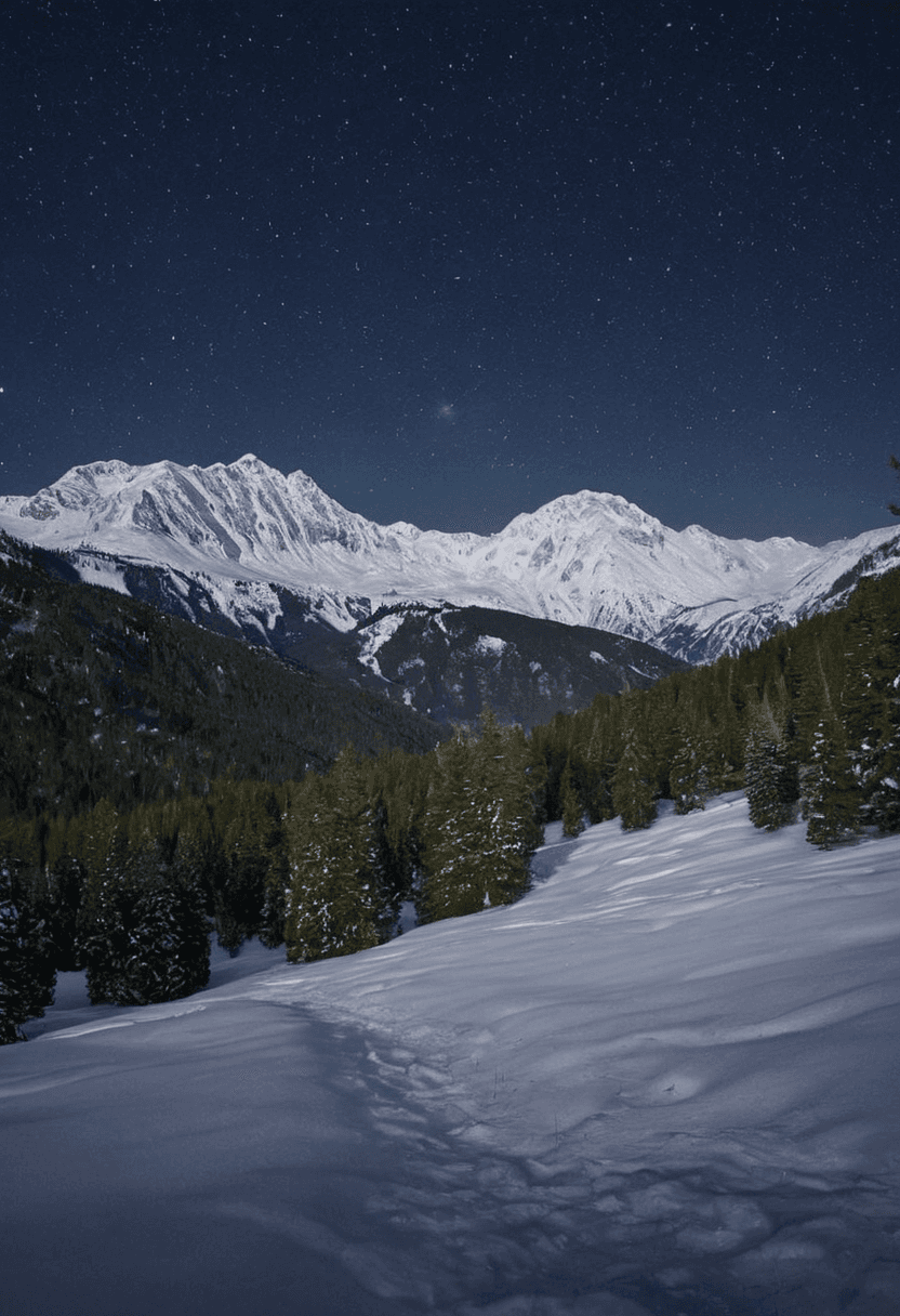 AI generated: A serene mountain valley, covered in a thick blanket of snow, with evergreen trees stretching up to ...