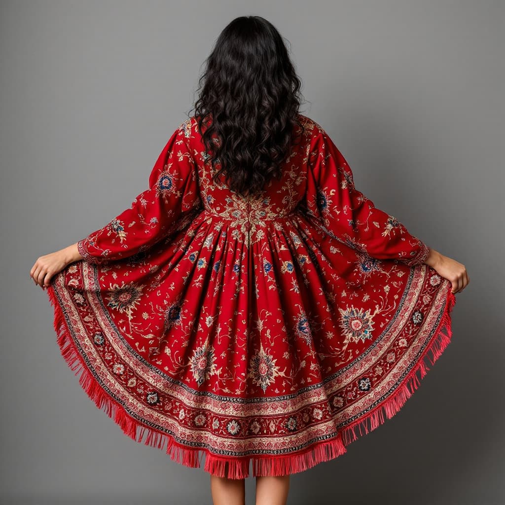 AI generated: An Iranian woman with long, curly black hair wears a detailed red dress inspired by Persian carpets,...
