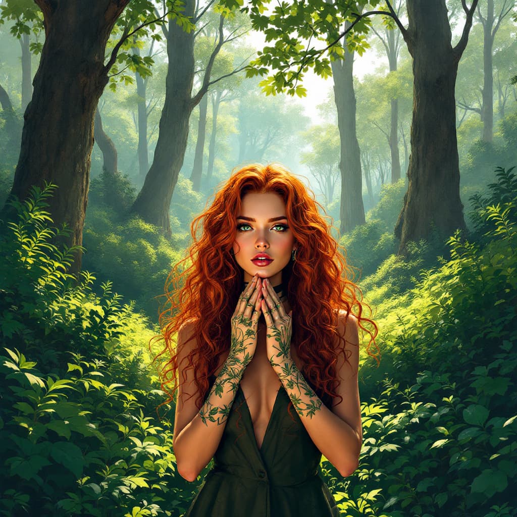 AI generated: This wide-angle illustration of a woman (without attire 1.1) showcases her striking features and sur...