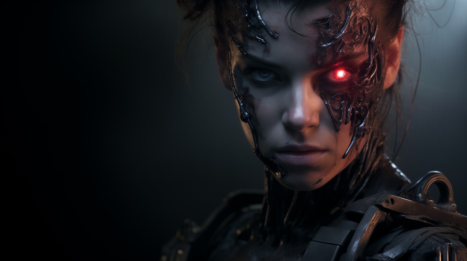 AI generated: TERMINATOR T800 at Skynet military facilities, scene  In the style of  artist Meryl McMaster :  dark...