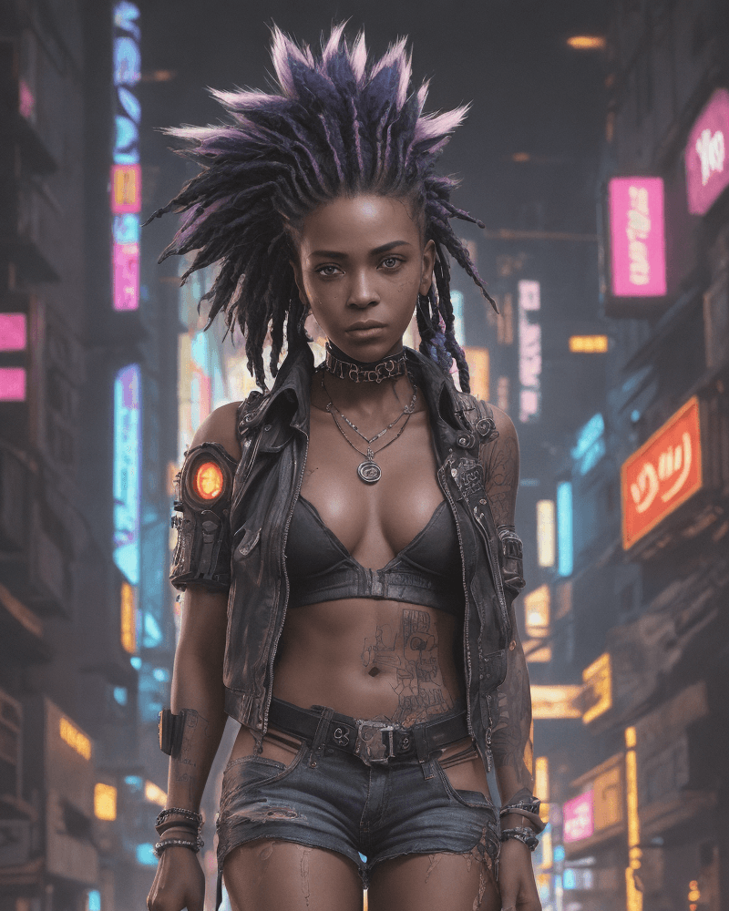 AI generated: a beautiful busty young african girl, a punk female standing against in the middle of the dark stree...