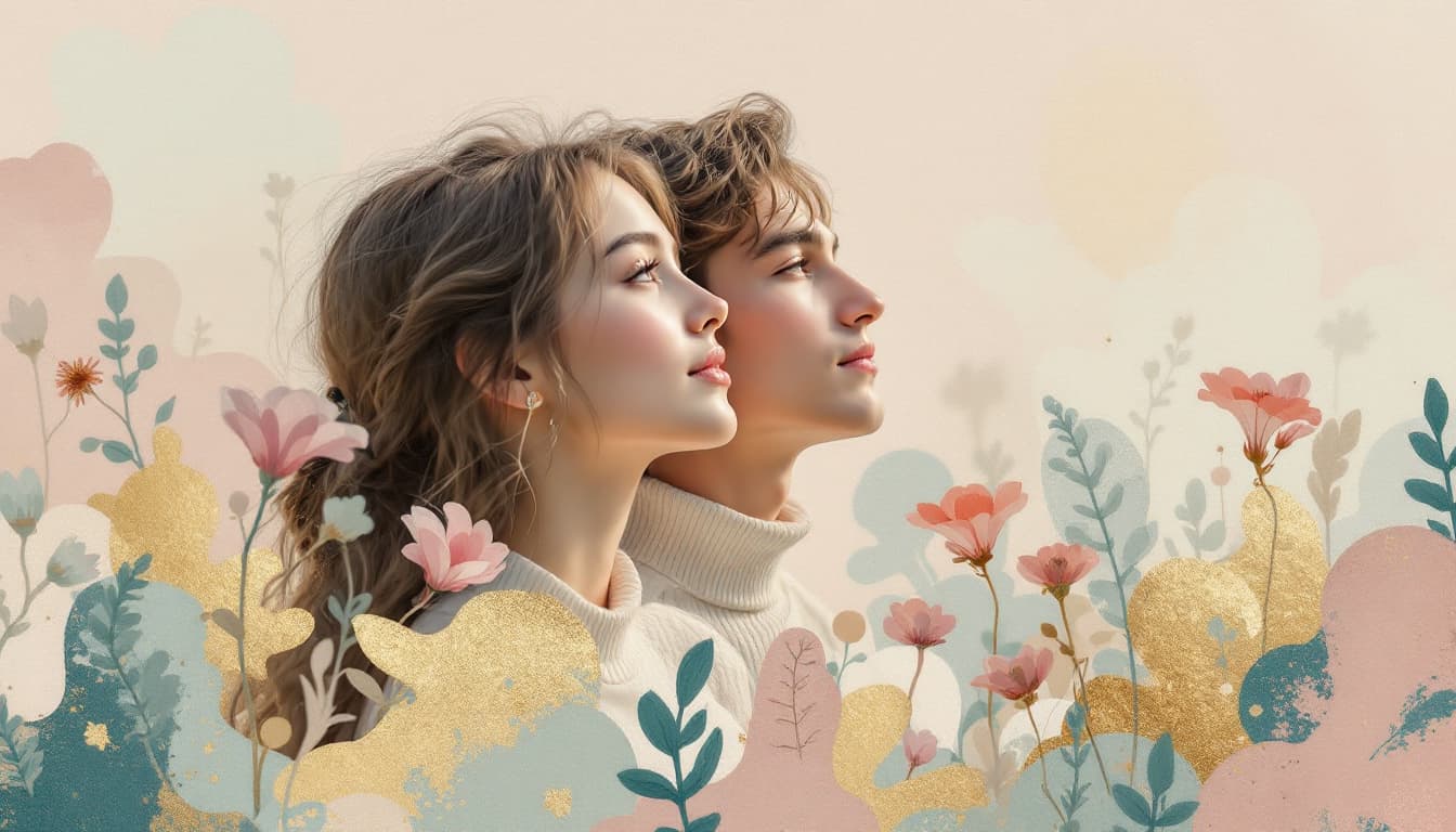AI generated: Create a young couple of 20 years old, in the garden look horizont in a composition with a soft and ...