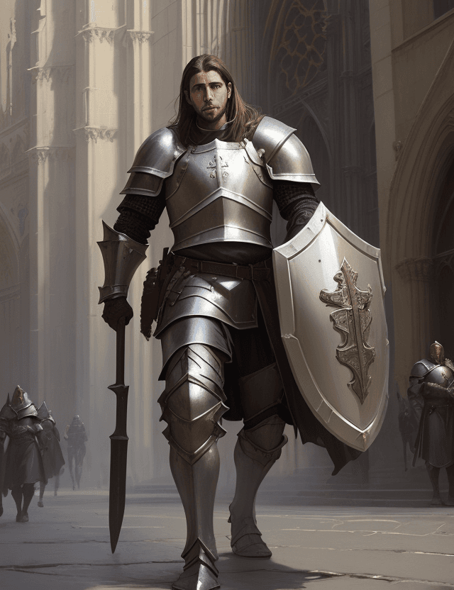 AI generated: young male cleric with shield and heavy armor, in street in front of cathedral, with kind hairless f...
