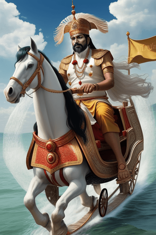 AI generated: The Indian King, on water riding a majestic chariot drawn by 10 beautiful, hefty, agile horses with ...