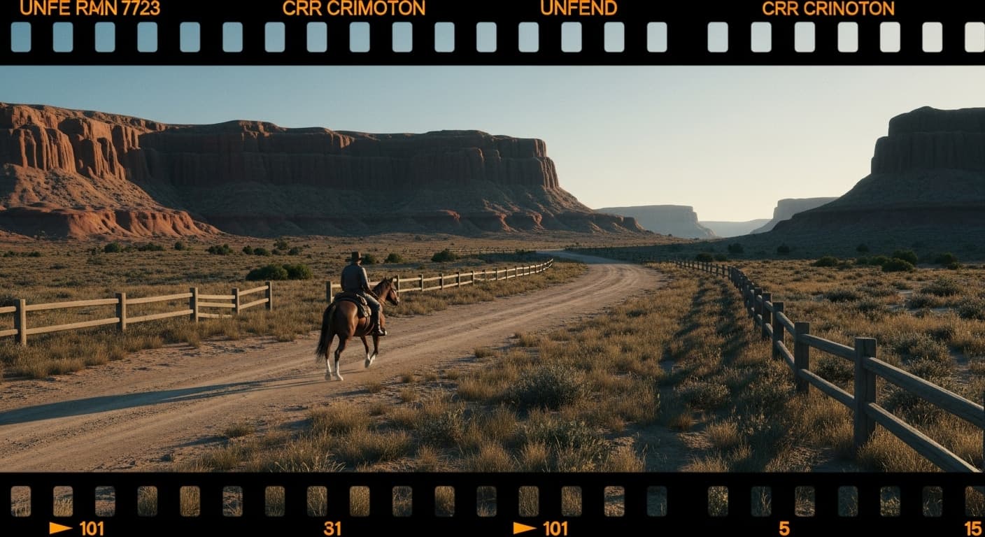AI generated: Western landscape from an old movie about cowboys. A horse is riding along the road, Cinematic film ...