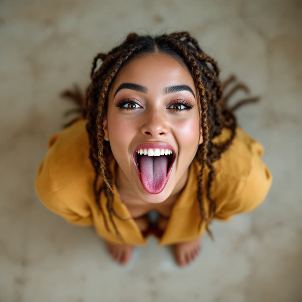 AI generated: women with braids, kneeling on the floor, sticking her tongue out mouth wide open. Top view