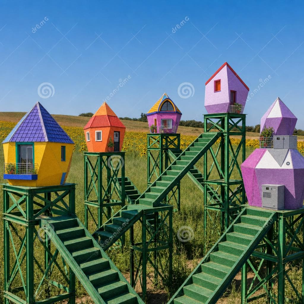AI generated: Make the prisms of the first photo look like the homes of the second photo. Don' t change their shap...