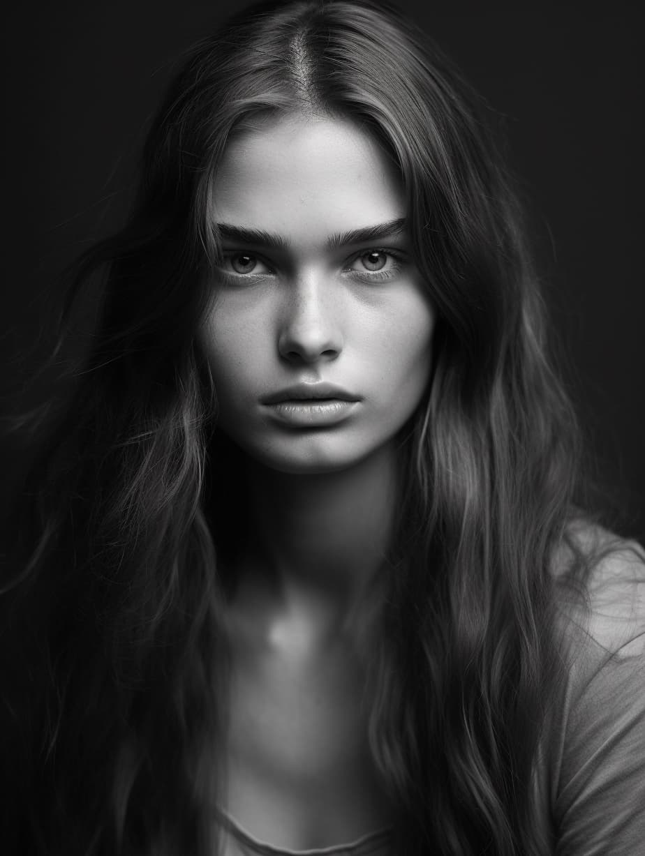 AI generated: a black and white photo of a woman with long hair, delicate eyebrows, ilya kushinov, supermodel! fac...