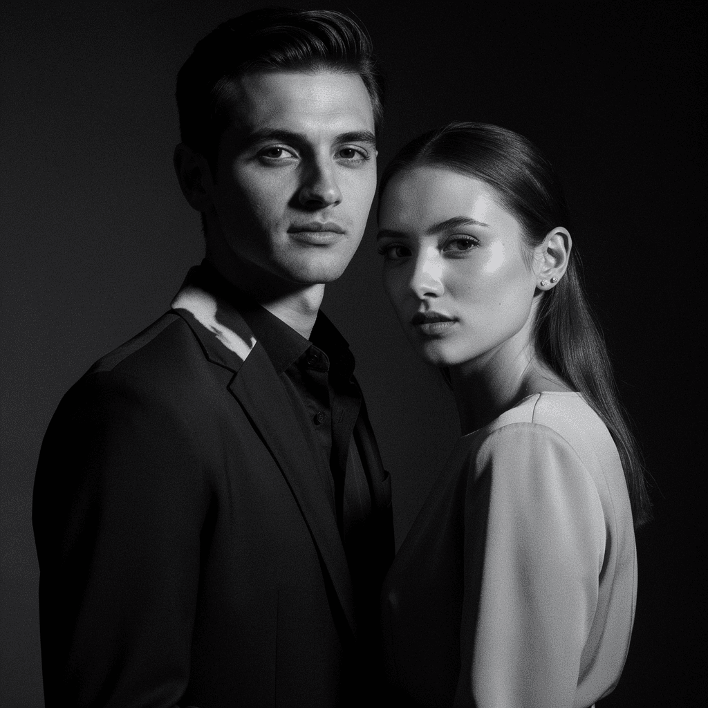 AI generated: Couple black-and-white editorial portrait, dramatic lighting, realistic expressions, using reference...