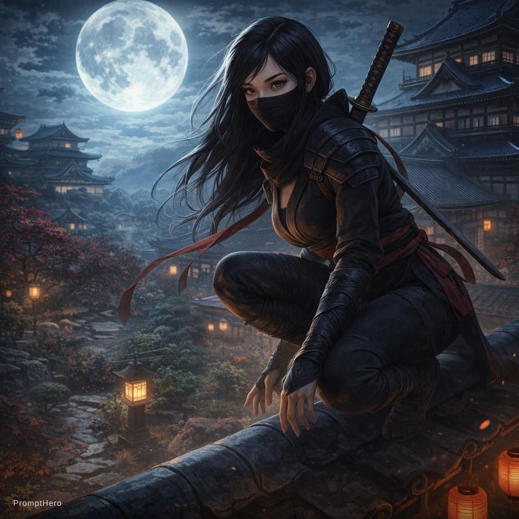AI generated: a close up digital fantasy artwork featuring female ninja character squatting high on a japanese cas...
